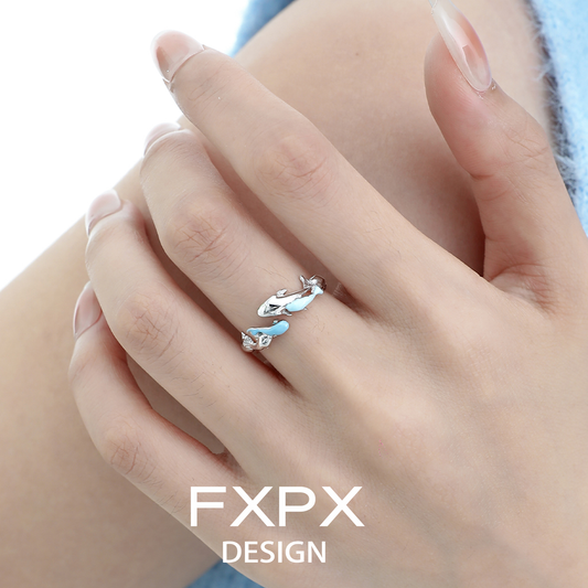 Elegant FXPX blue fish wave ring crafted in silver for a unique ocean-inspired look