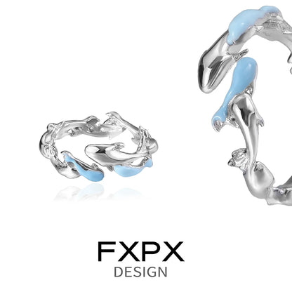 FXPX blue fish wave ring designed with silver and light blue accents for a unique ocean-inspired look