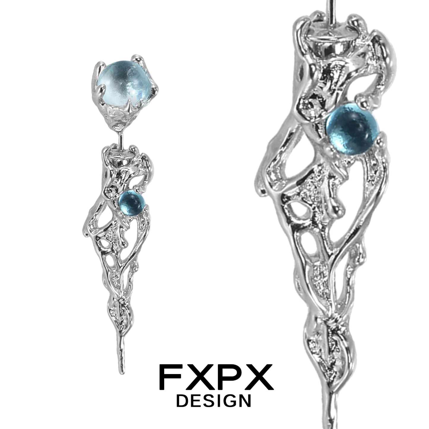 Elegant FXPX blue glacier earrings with intricate silver design and sparkling blue gemstones