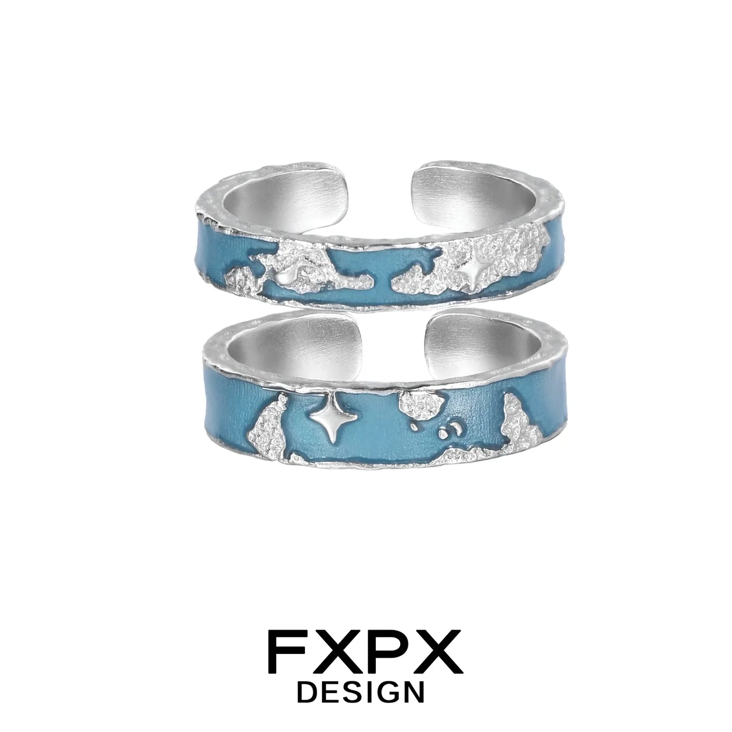 FXPX Blue Planet Puzzle Ring in Silver and Blue for Stylish Accessory Lovers