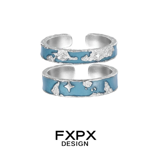 FXPX Blue Planet Puzzle Ring in Silver and Blue for Stylish Accessory Lovers