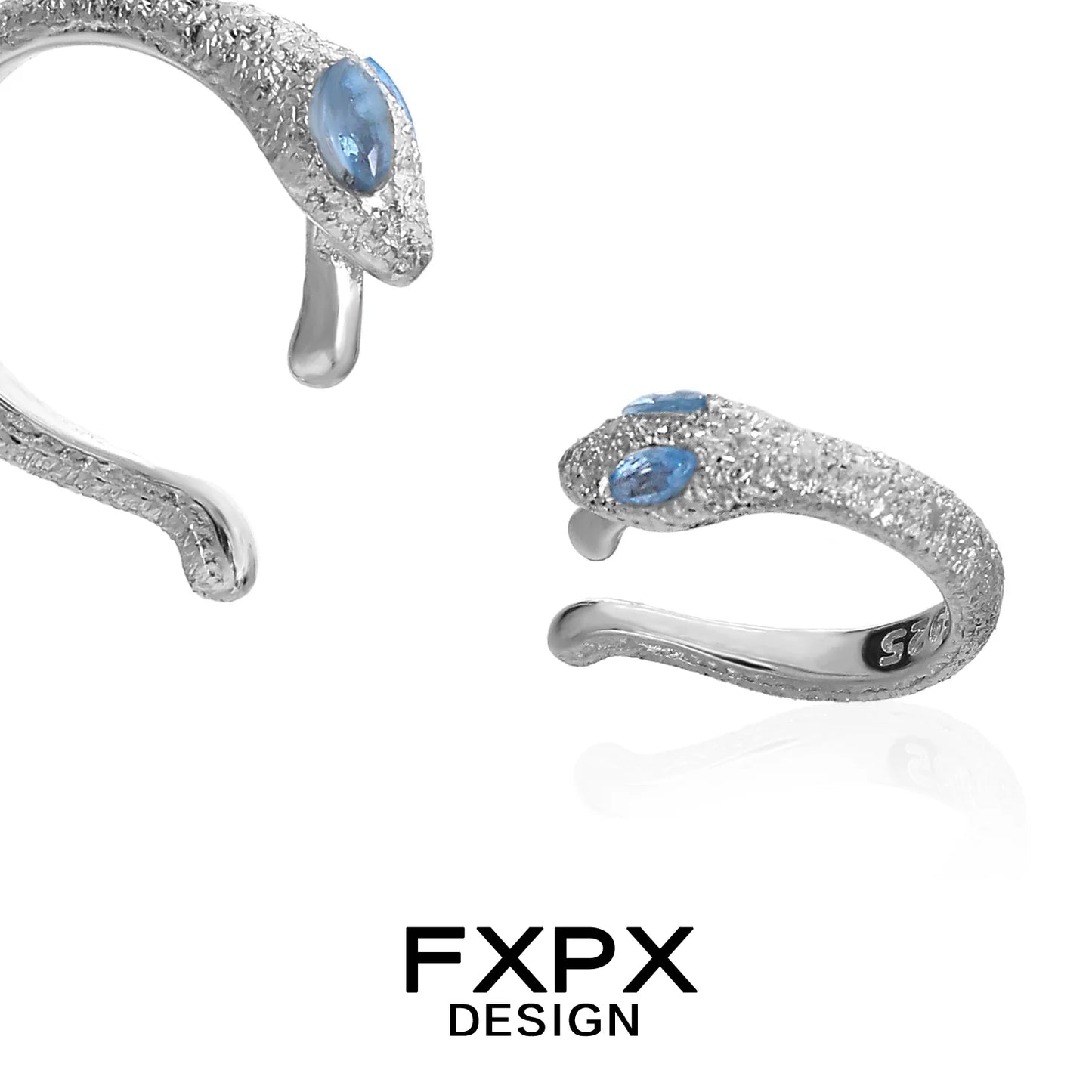 FXPX blue snake ear cuff in silver with sparkling details and blue gemstone eyes