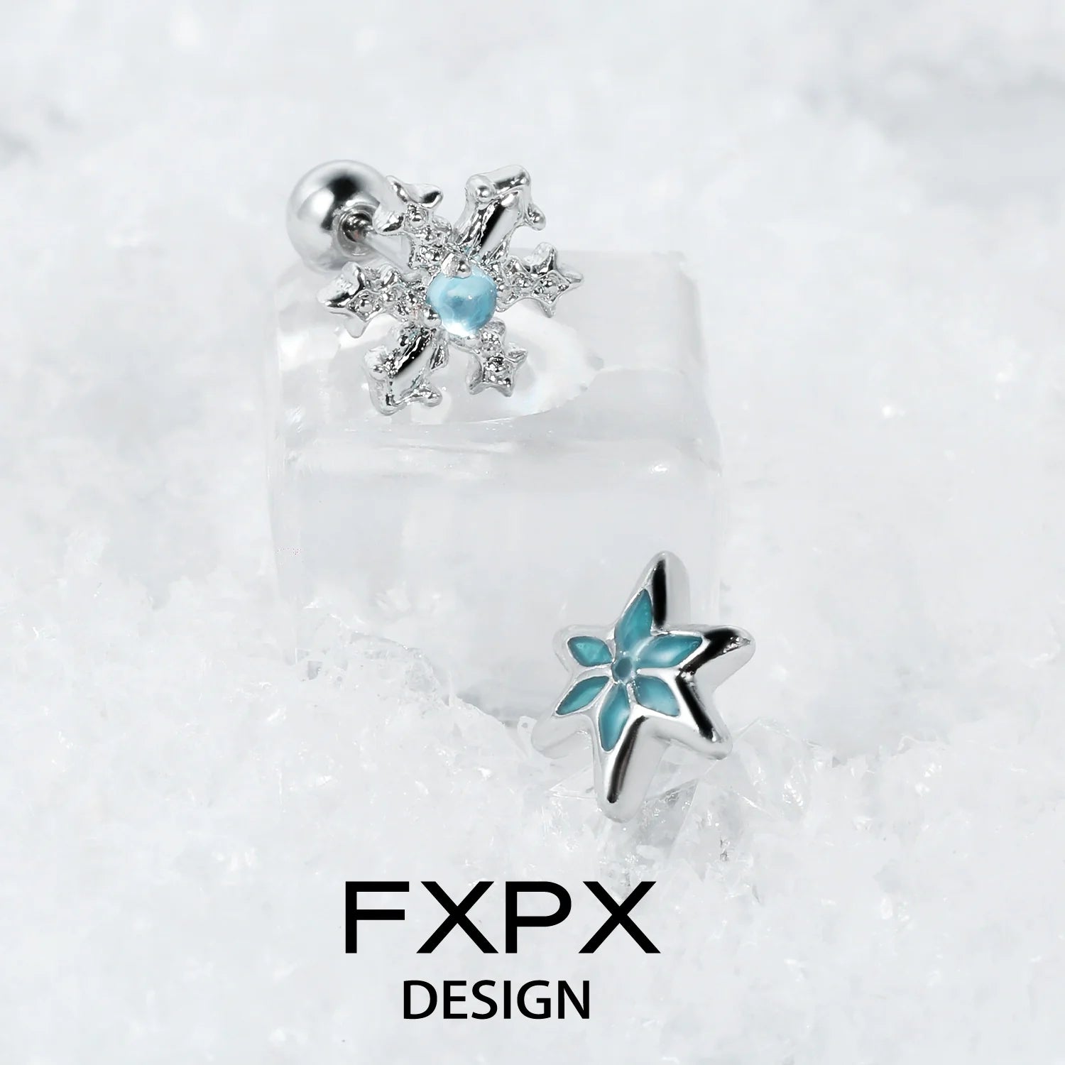 FXPX blue snowflake earrings with elegant design featuring sparkling accents and a light blue gem