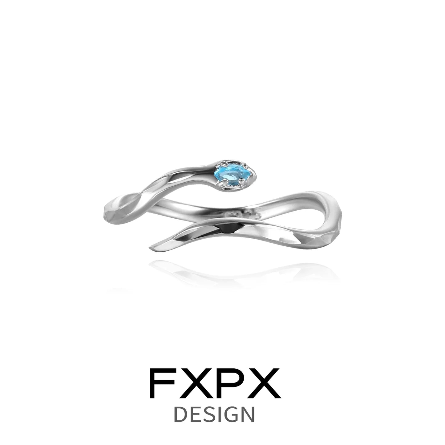 FXPX Blue White Snake Ring with Elegant Curved Design and Sparkling Blue Gemstone
