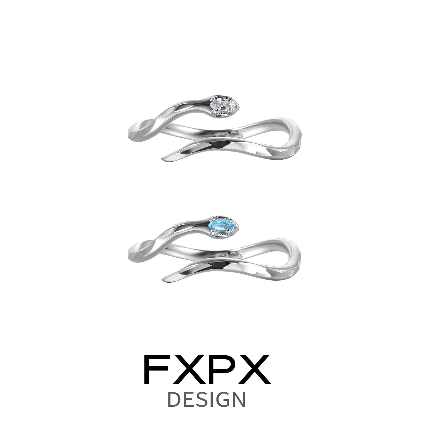 Stylish FXPX blue white snake ring with a unique twisting design and elegant gemstones