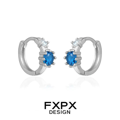 Stylish FXPX silver hoop blue zircon earrings featuring sparkling accents for elegant look