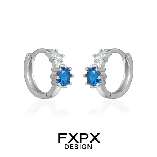 Stylish FXPX silver hoop blue zircon earrings featuring sparkling accents for elegant look
