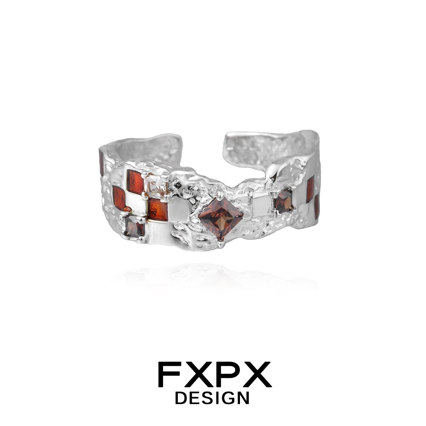 FXPX brown checkerboard silver ring with intricate design and sparkling details