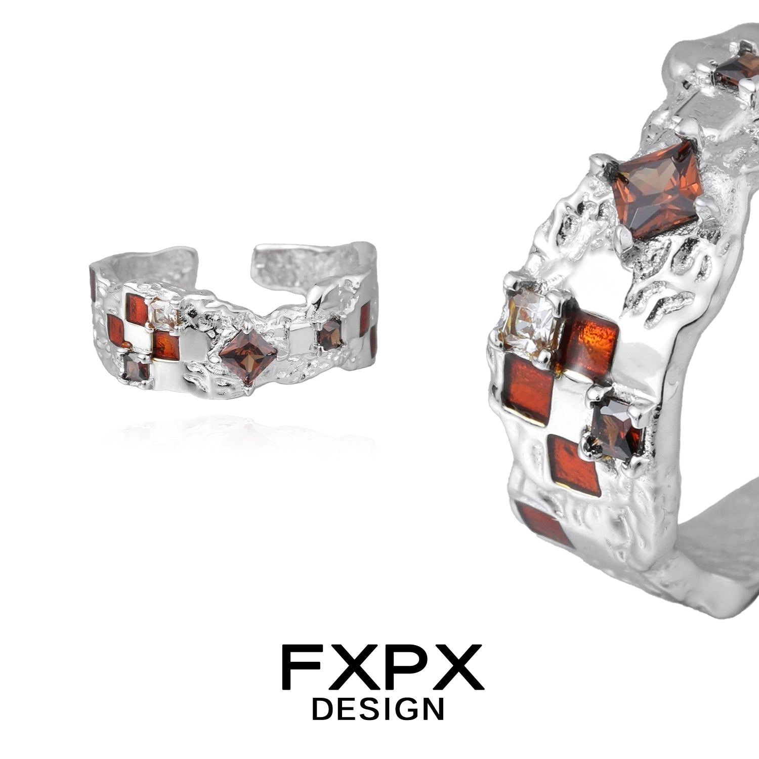 FXPX brown checkerboard silver ring with gem accents for unique jewelry style