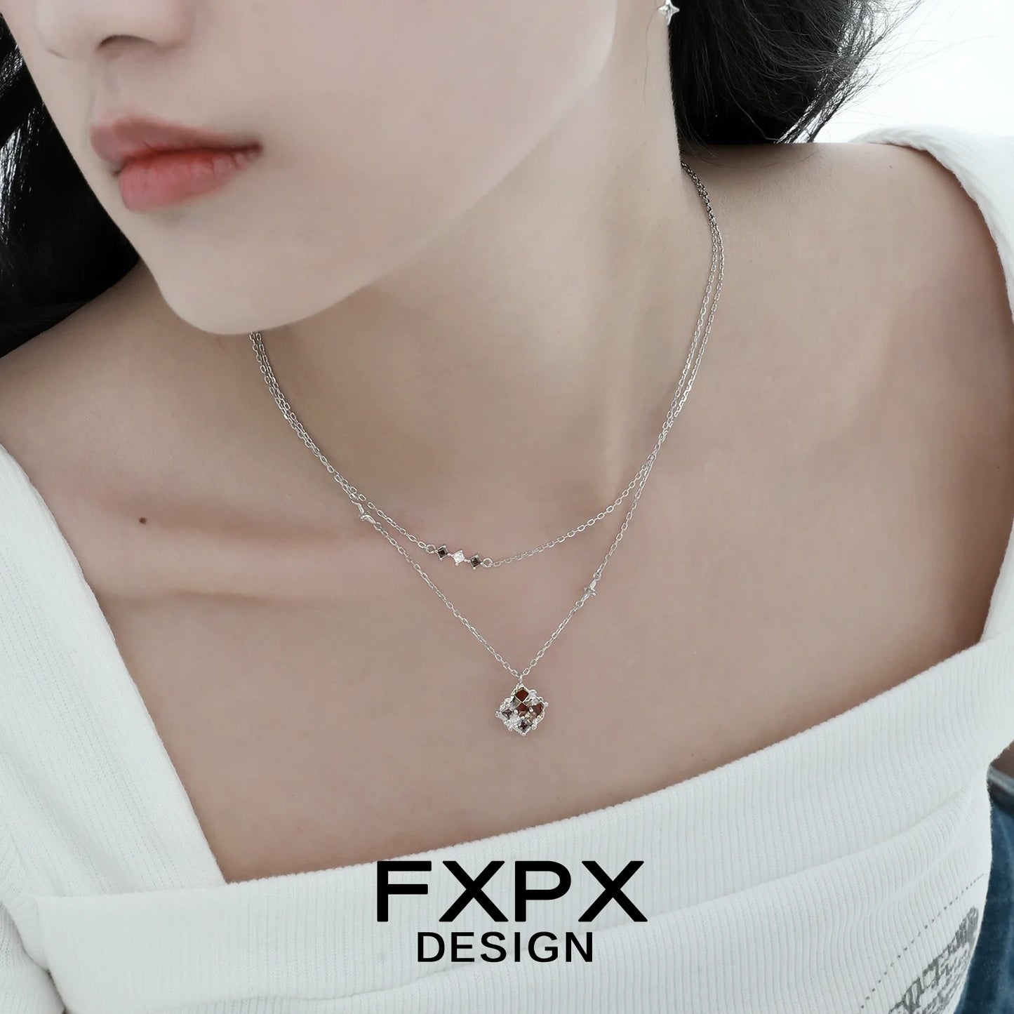 Elegant FXPX brown plaid punk necklace layered with delicate silver chains