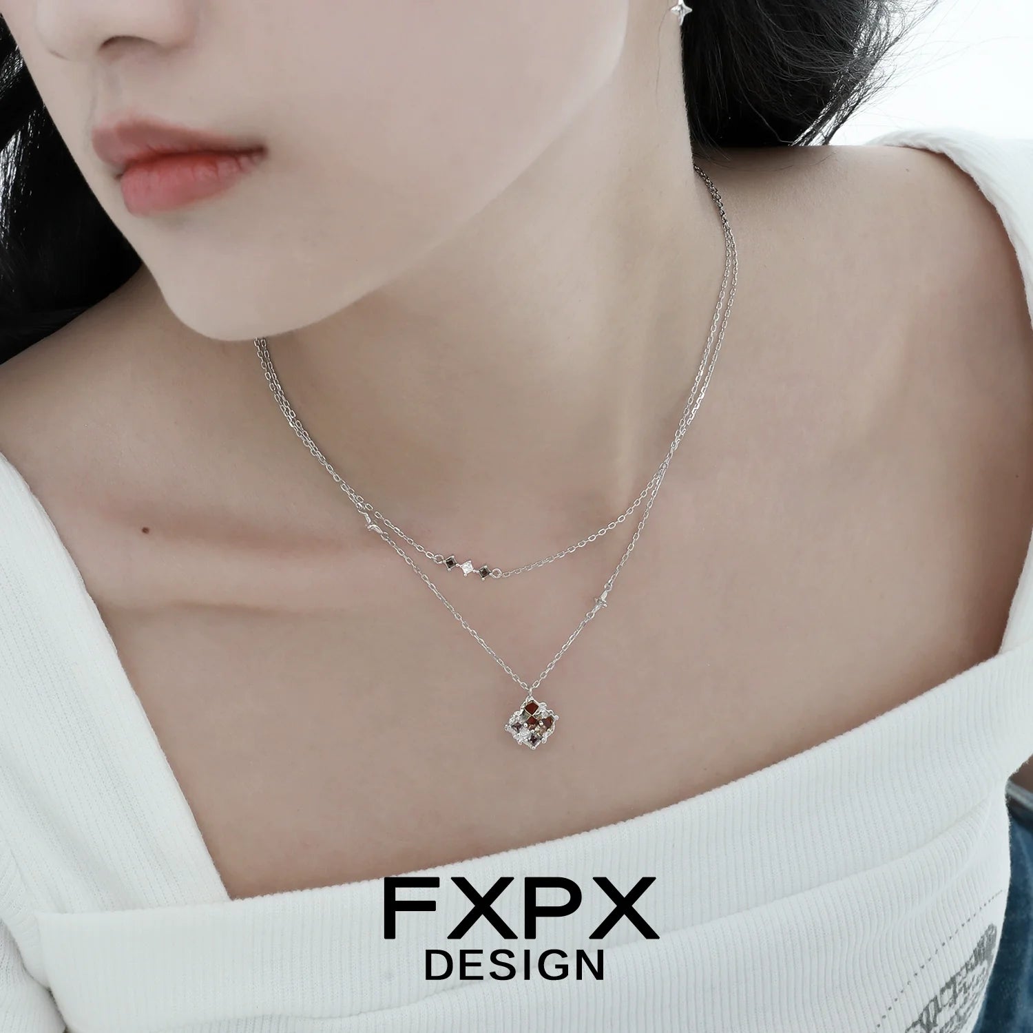 Elegant FXPX brown plaid punk necklace layered with delicate silver chains