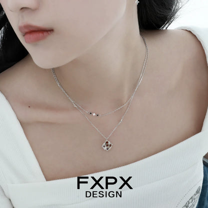 Elegant FXPX brown plaid punk necklace layered with delicate silver chains