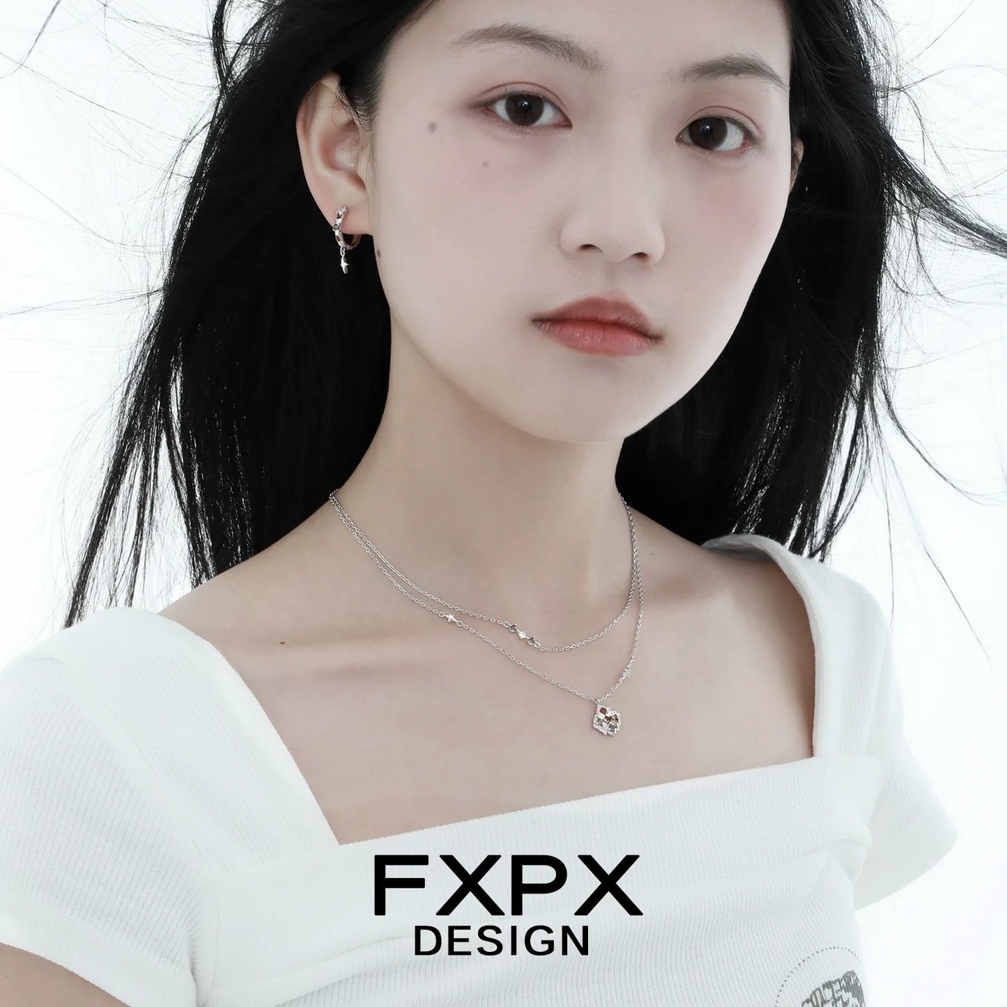 FXPX brown plaid punk necklace layered with silver chain for a stylish statement look