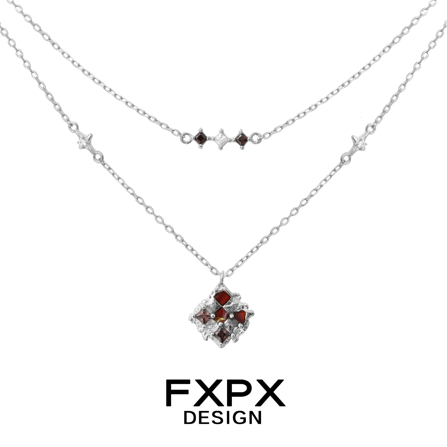 FXPX double-layer silver necklace featuring a brown plaid punk necklace design with gemstone accents