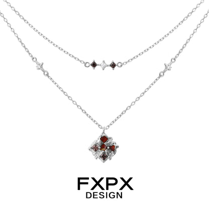 FXPX double-layer silver necklace featuring a brown plaid punk necklace design with gemstone accents