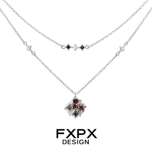 Stylish FXPX brown plaid punk necklace with layered silver chains and decorative charms