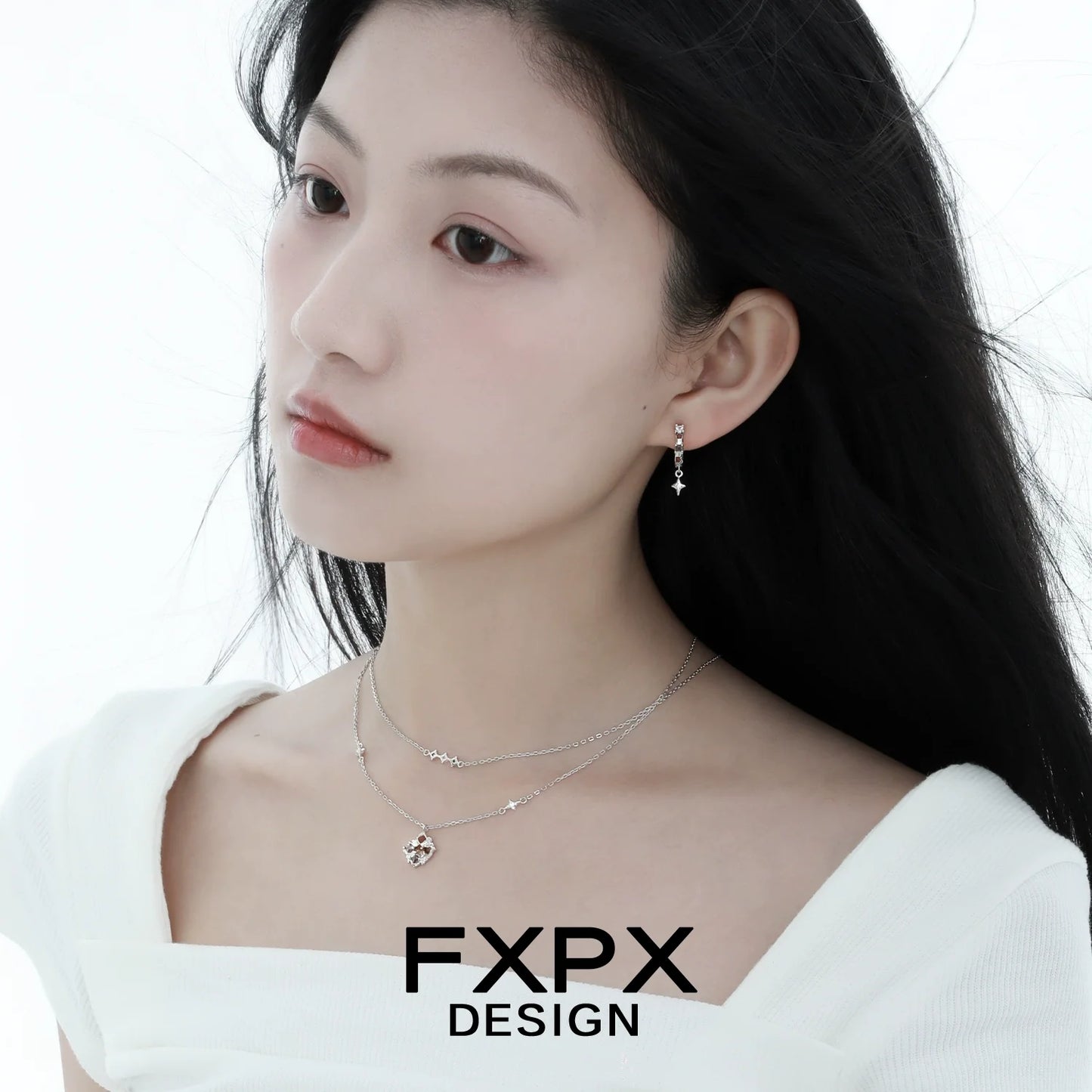 Stylish model wearing a brown plaid punk necklace with layered silver chains and charms