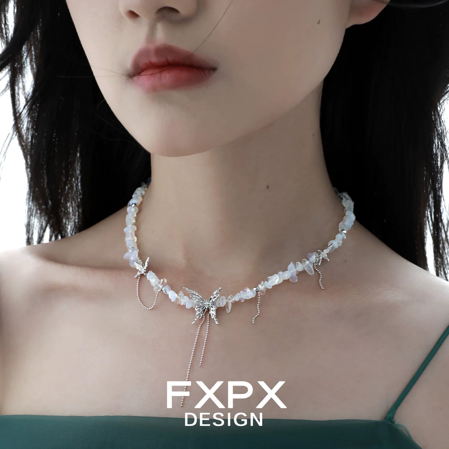 Stylish butterfly beaded necklace from FXPX featuring delicate beading and a butterfly charm