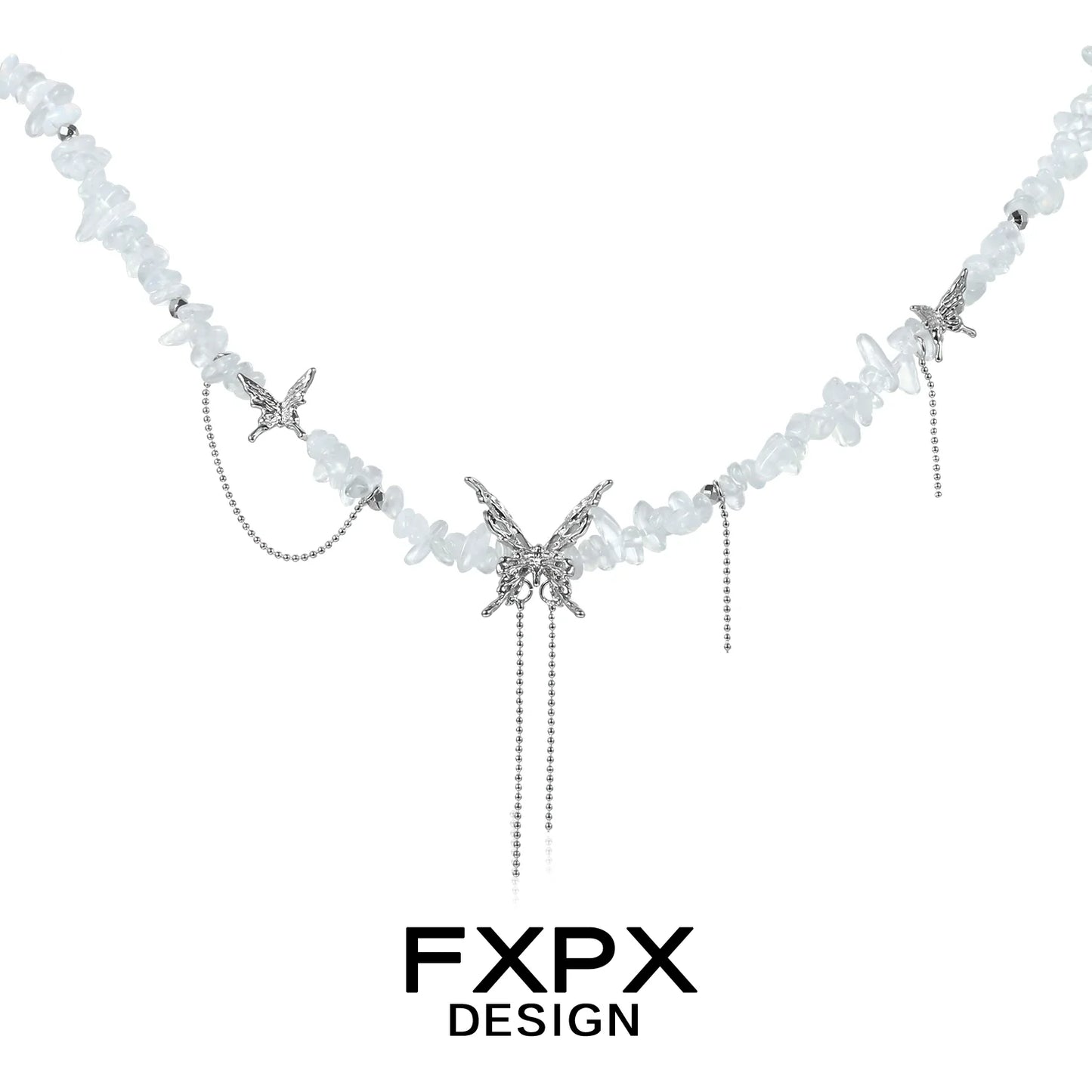 Stylish butterfly beaded necklace from FXPX featuring delicate butterfly charms and silver accents