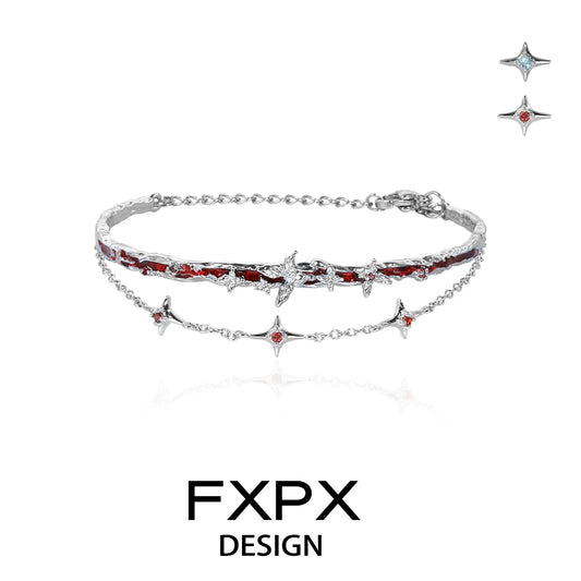 FXPX butterfly double layer bracelet featuring red and blue stones with a delicate silver chain