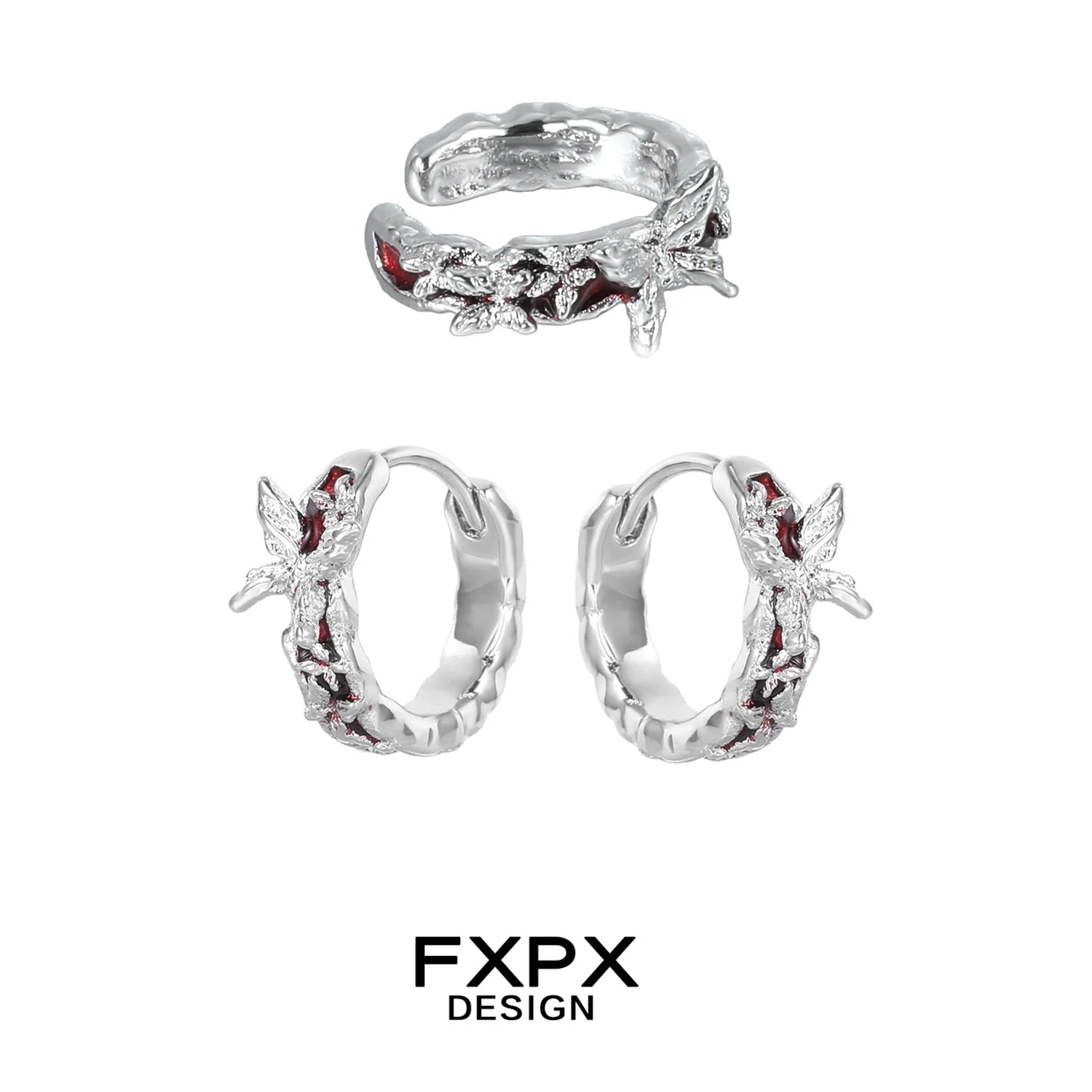 FXPX silver butterfly ear cuffs with intricate design featuring red accents for a stylish look