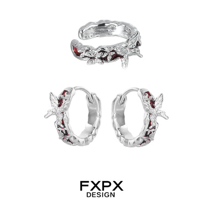 FXPX silver butterfly ear cuffs with intricate design featuring red accents for a stylish look