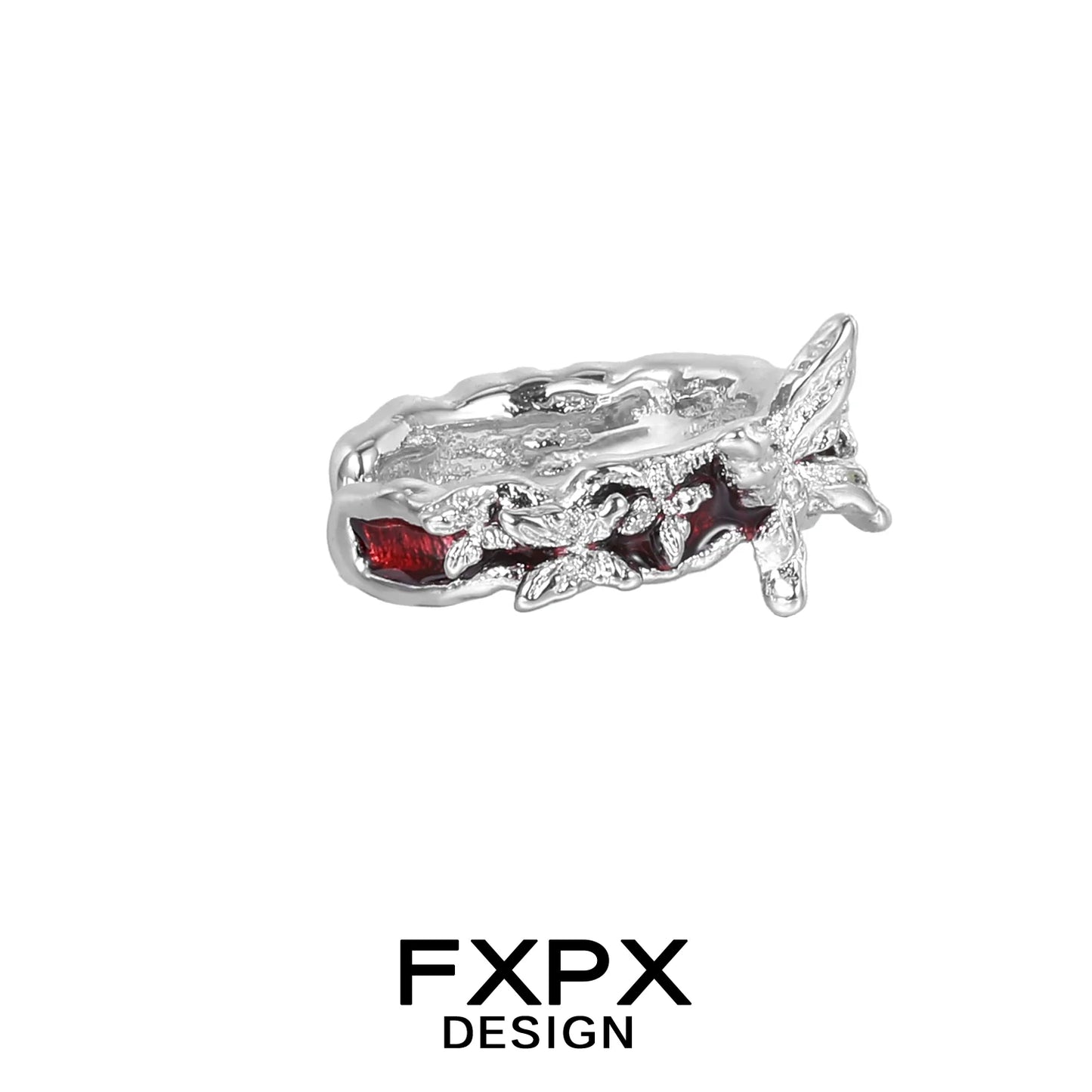 Silver FXPX butterfly ear cuffs with intricate design and sparkling red accents