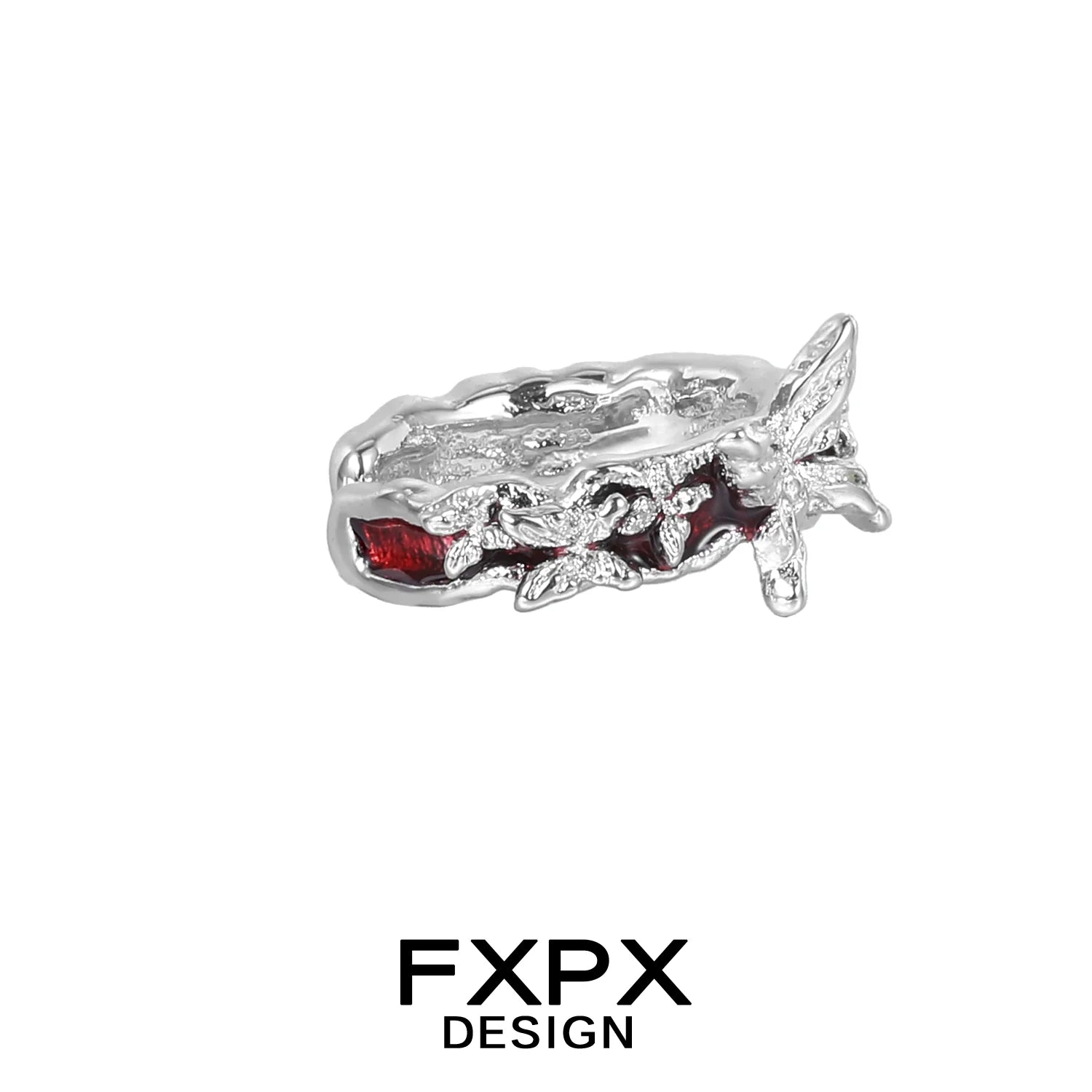 Silver FXPX butterfly ear cuffs with intricate design and sparkling red accents
