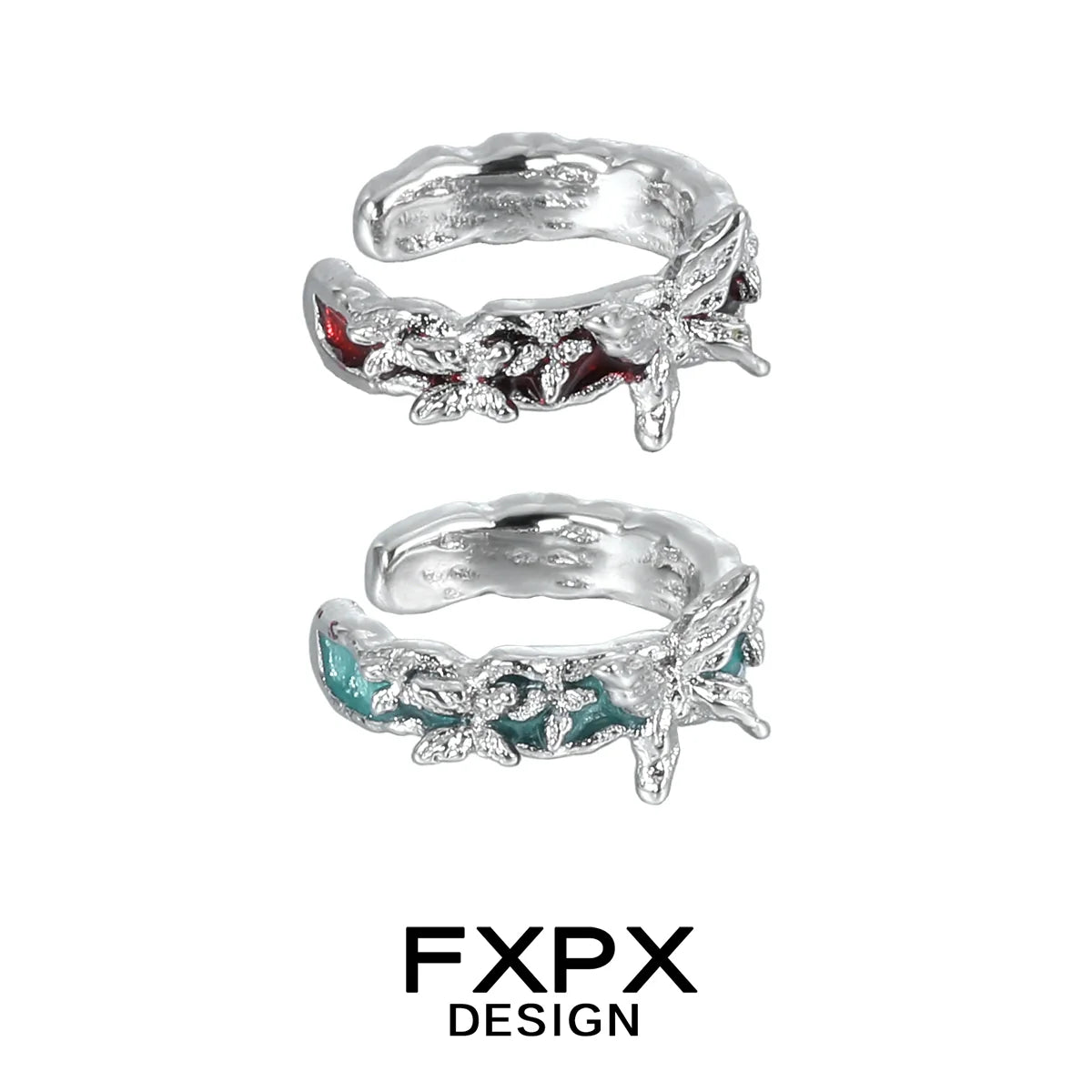FXPX butterfly ear cuffs in silver with colorful flower accents for stylish ear jewelry