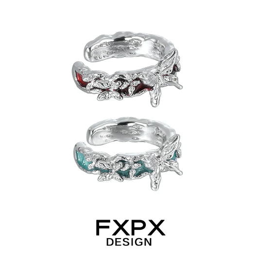 FXPX butterfly ear cuffs in silver with colorful flower accents for stylish ear jewelry