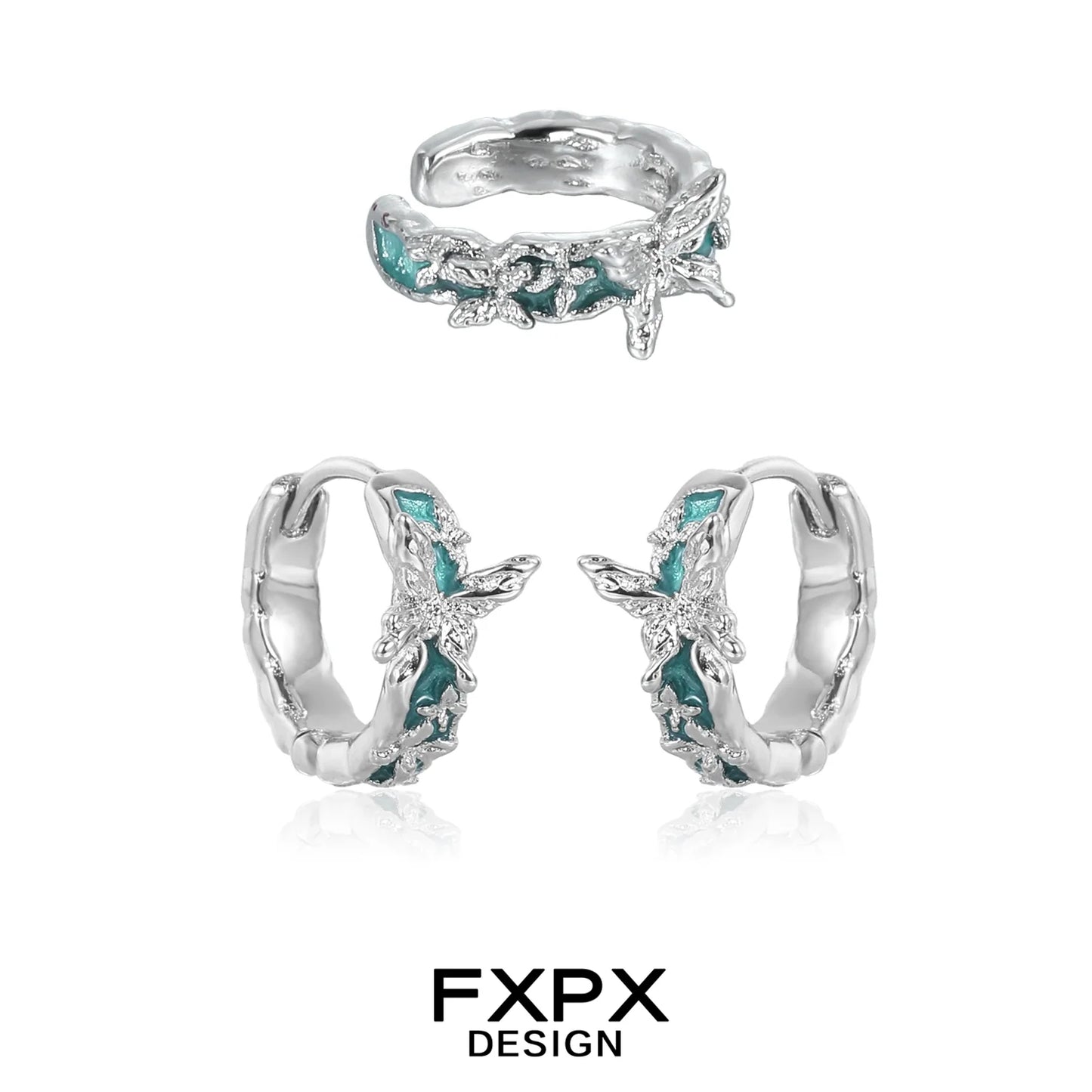 FXPX Butterfly Ear Cuffs in Silver and Turquoise with Detailed Butterfly Designs