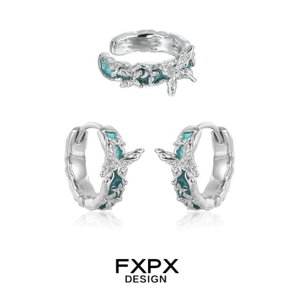 FXPX Butterfly Ear Cuffs in Silver and Turquoise with Detailed Butterfly Designs