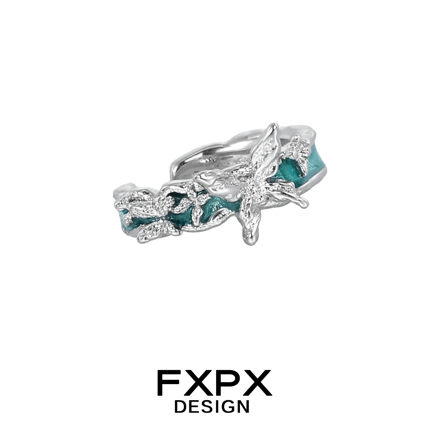 FXPX silver butterfly ear cuffs with intricate design and turquoise accents for trendy fashionistas