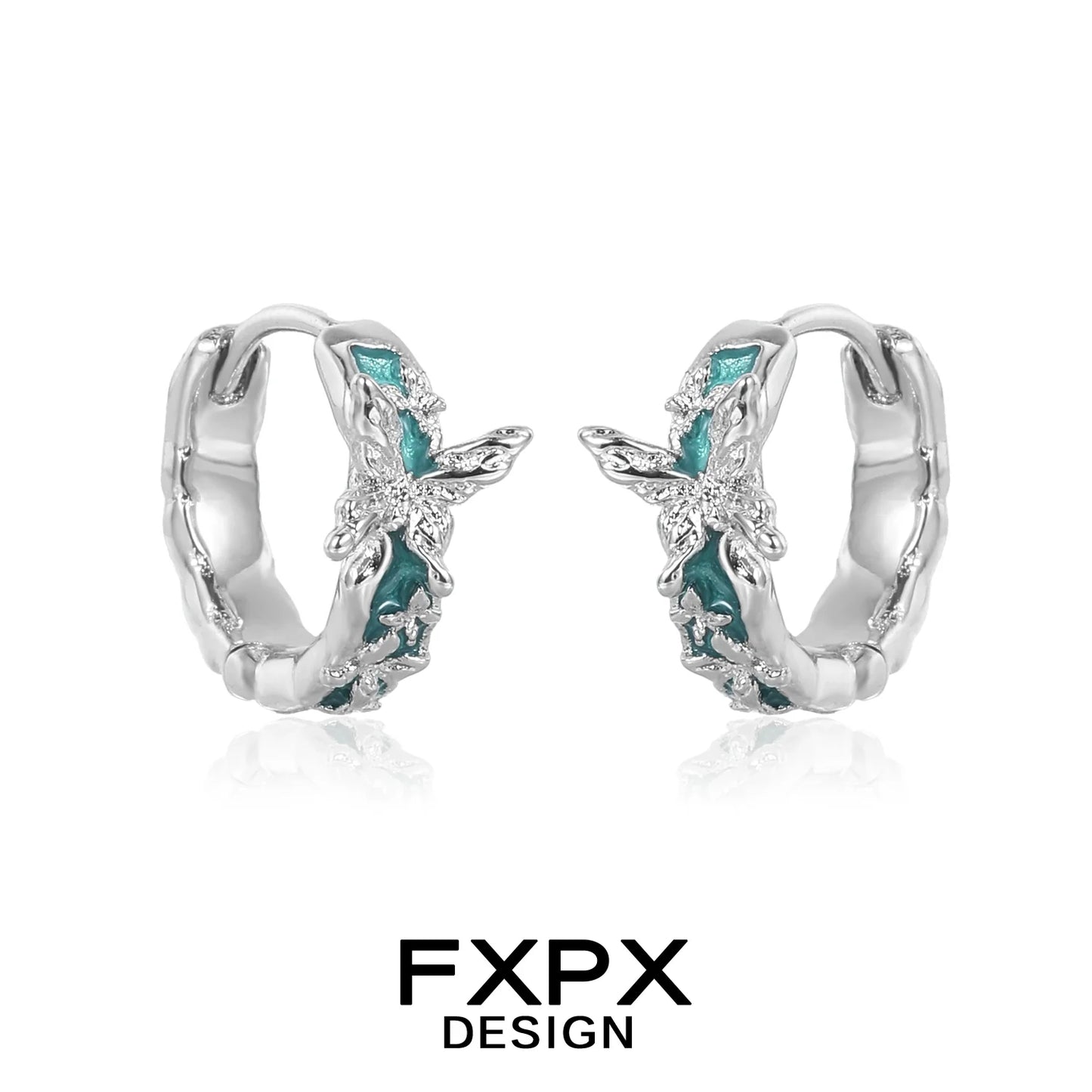 FXPX butterfly hoop earrings with intricate design and turquoise accents for a stylish look