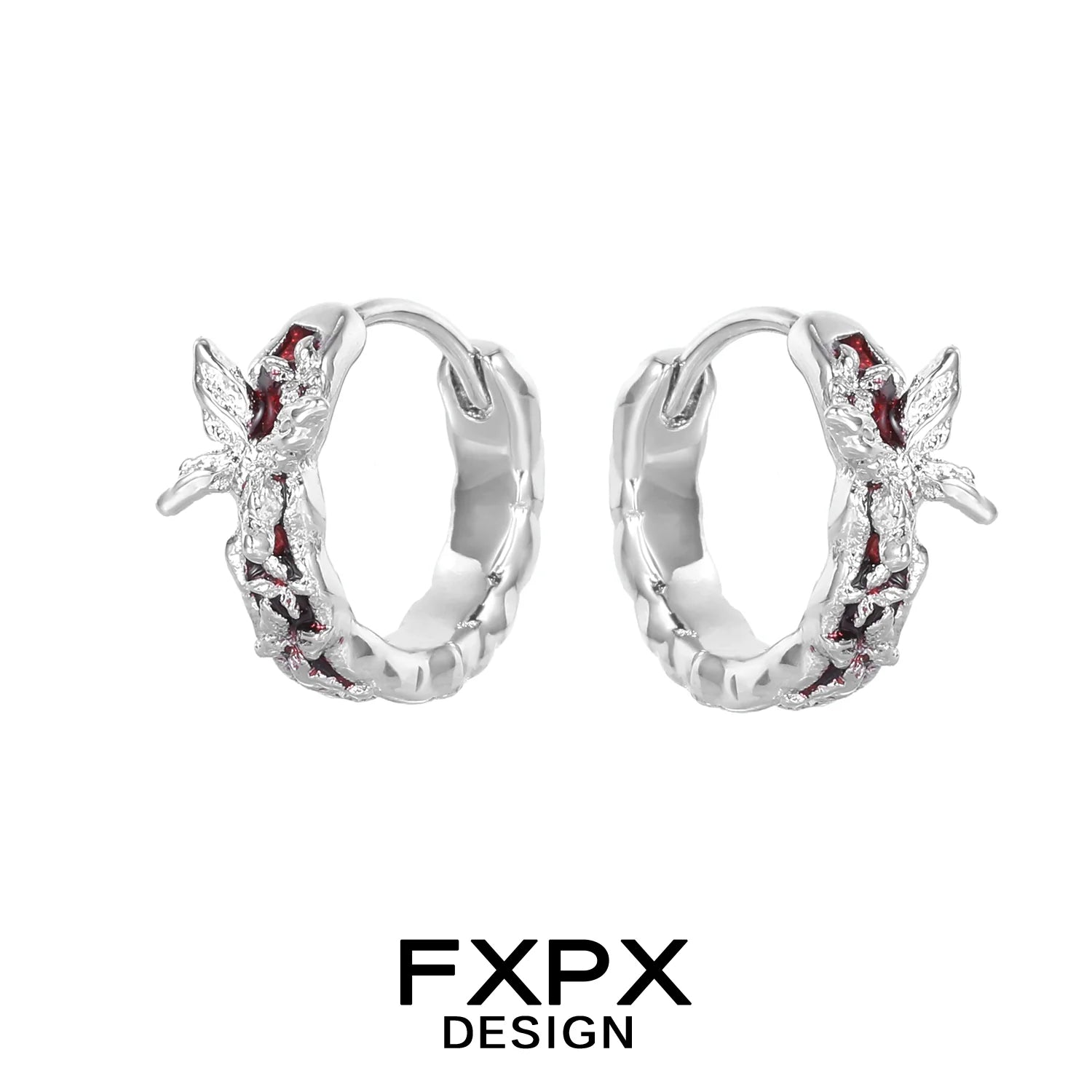 FXPX silver butterfly hoop earrings featuring intricate design and vibrant accents