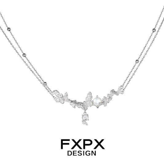 Elegant FXPX butterfly necklace for women with intricate design and shimmering silver finish