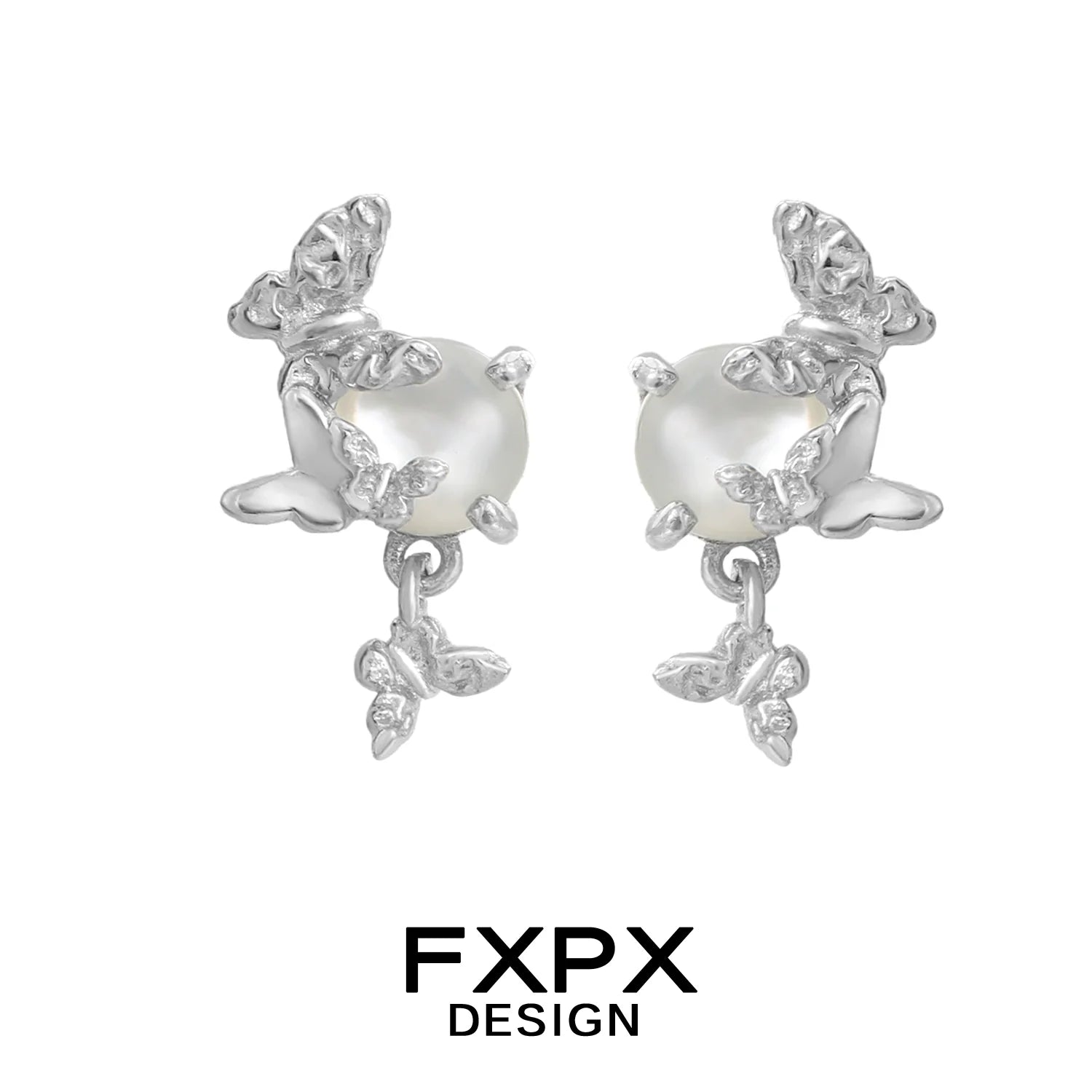 FXPX butterfly pearl earrings with silver butterfly accents and a central pearl for elegant style