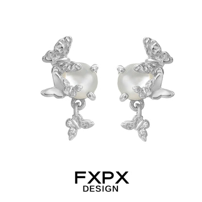 FXPX butterfly pearl earrings with silver butterfly accents and a central pearl for elegant style