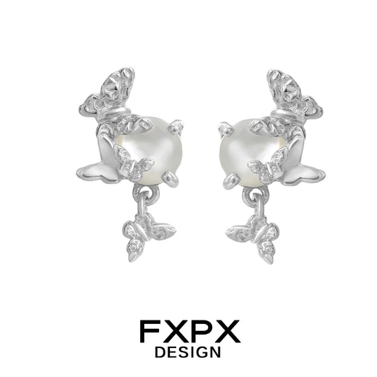 FXPX butterfly pearl earrings with silver butterfly accents and a central pearl for elegant style