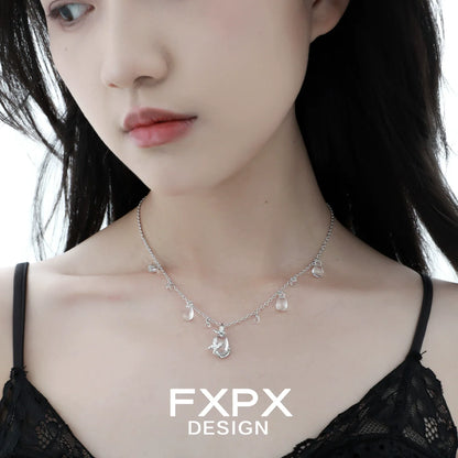 Delicate butterfly water drop silver necklace by FXPX featuring shimmering drops and elegant design