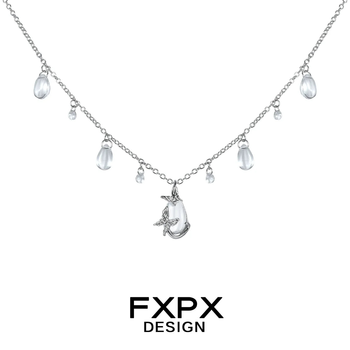 FXPX butterfly water drop silver necklace with cascading clear gemstones for elegant style