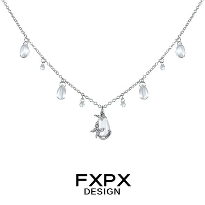 FXPX butterfly water drop silver necklace with cascading clear gemstones for elegant style
