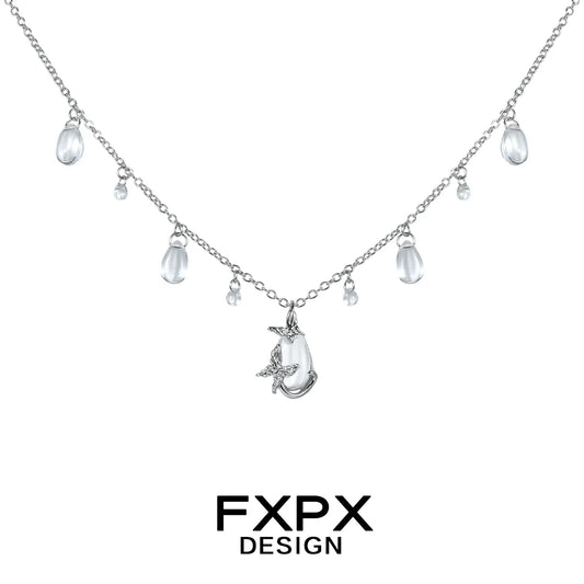 FXPX butterfly water drop silver necklace with cascading clear gemstones for elegant style