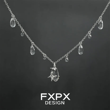 Butterfly water drop silver necklace with sparkling crystal drops for elegant style