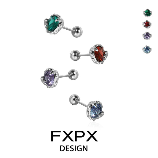 Colorful zircon stud earrings with various gem colors set in stylish silver caps