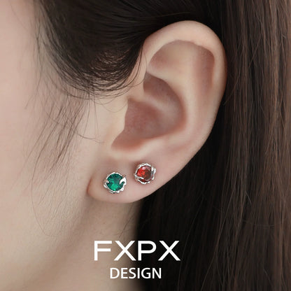 Beautiful FXPX colorful zircon stud earrings displayed on a model's ear for a stylish look