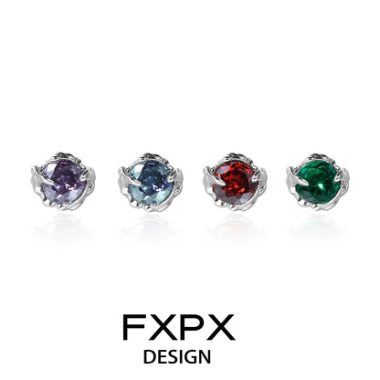 Set of FXPX colorful zircon stud earrings in purple, blue, red, and green gemstones