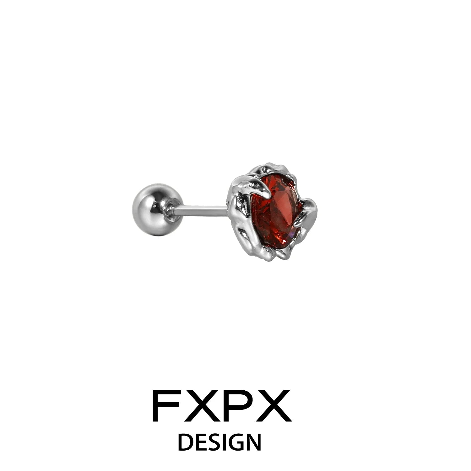 FXPX colorful zircon stud earrings featuring a vibrant red stone in a sleek silver setting