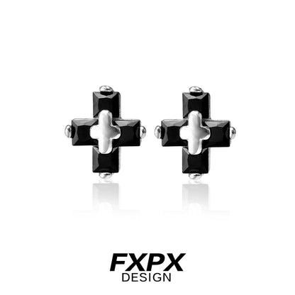 FXPX Gothic Style Couple Earrings with Black Cross Design and Silver Accents