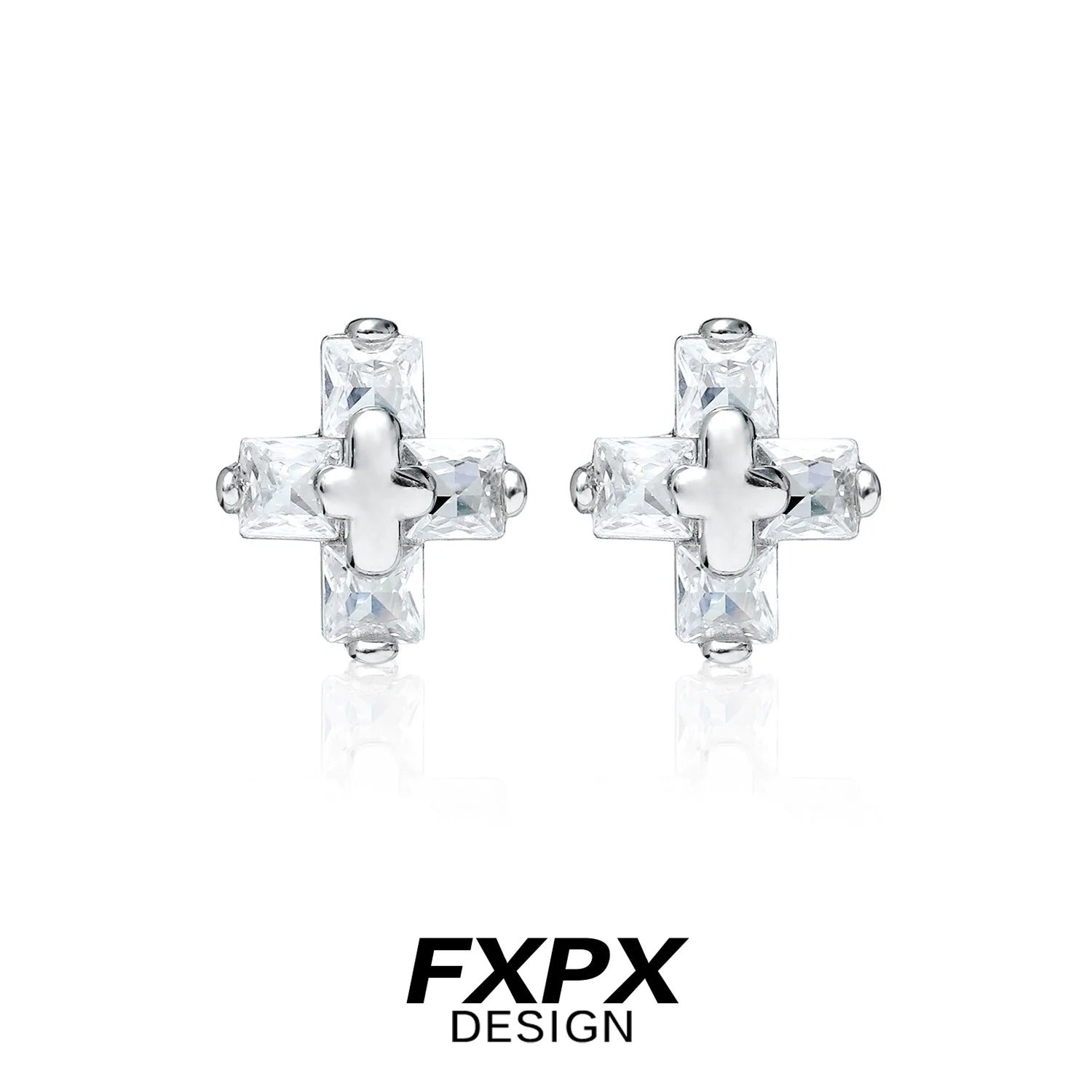 FXPX couple earrings for gothic style featuring sparkling cross design and silver setting